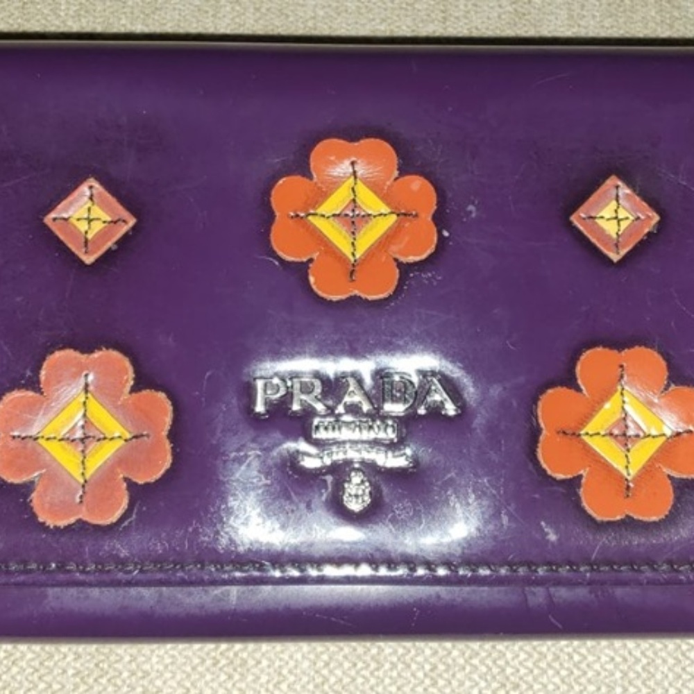 Prada Long Purple Wallet w/Orange/Yellow flowers